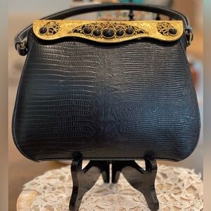Dobbies Bags Vintage Black Leather Snakeskin Structured Purse Handbag